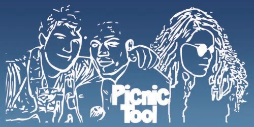 Blue and white illustration of the Picnic Tool band